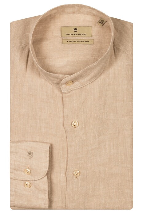 Thomas Maine Palermo Yarn Dyed Linnen Band Collar Overhemd Licht Beige