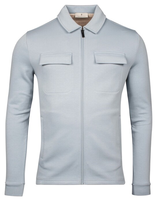 Thomas Maine Polo Collar Full Zip Overshirt Double Chest Pocket Licht Blauw