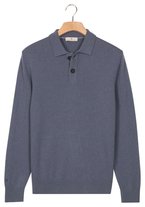 Thomas Maine Polo Pullover Button Collar Fine Lambswool Single Knit Trui Storm Sky