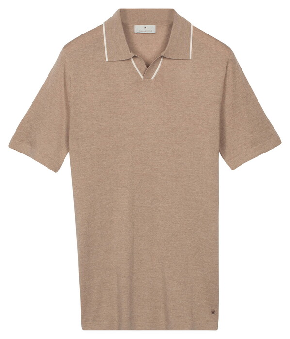 Thomas Maine Polo Pullover Fine Merino Full Needle Rib Placket Contrast Beige