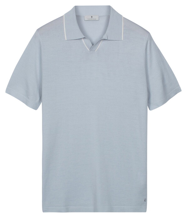 Thomas Maine Polo Pullover Fine Merino Full Needle Rib Placket Contrast Ice Blue