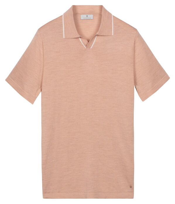 Thomas Maine Polo Pullover Fine Merino Full Needle Rib Placket Contrast Soft Peach
