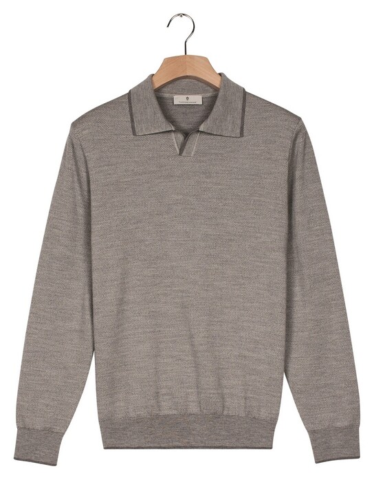 Thomas Maine Polo Pullover V-Collar Jacquard Knit Herringbone Trui Grijs