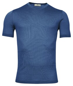 Thomas Maine Pullover Short Sleeve Merino Single Knit Crew Neck Trui Midden Blauw