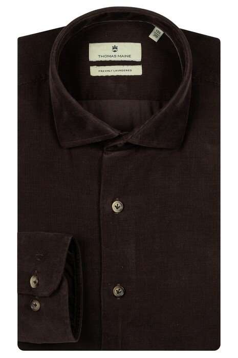Thomas Maine Roma Fine Corduroy Uni Color Modern Kent Overhemd Bruin