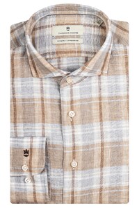 Thomas Maine Roma Linnen Big Check Modern Kent Overhemd Blauw-Beige