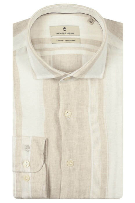 Thomas Maine Roma Modern Kent Fancy Stripe Pure Linnen Overhemd Licht Beige