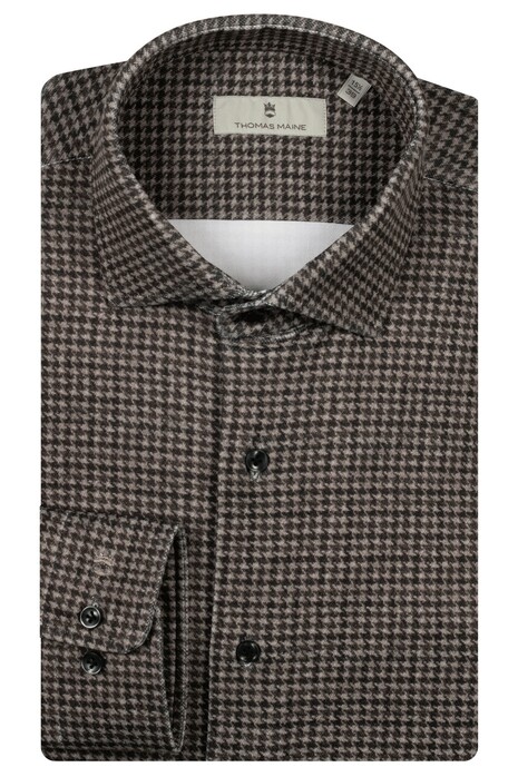 Thomas Maine Roma Modern Kent Jersey Pied-de-Poule Pattern Overhemd Bruin