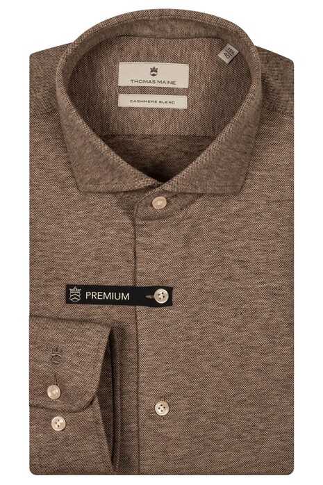 Thomas Maine Roma Modern Kent Jersey Piqué Melange Overhemd Taupe