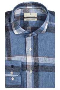 Thomas Maine Roma Modern Kent Linen Cotton Check Shirt Navy