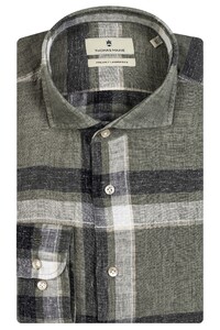 Thomas Maine Roma Modern Kent Linen Cotton Check Shirt Olive Green