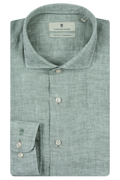 Thomas Maine Roma Modern Kent Linnen Délavé Overhemd Olive