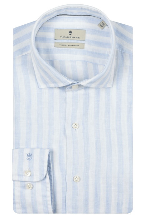 Thomas Maine Roma Modern Kent Linnen Stripe Overhemd Licht Blauw