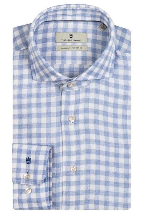 Thomas Maine Roma Modern Kent Modal Wool Blend Check Overhemd Licht Blauw