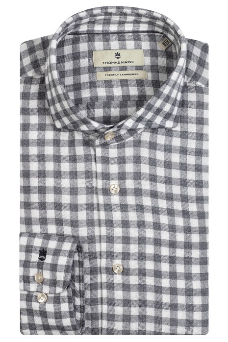 Thomas Maine Roma Modern Kent Modal Wool Blend Check Overhemd Midden Grijs
