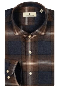 Thomas Maine Roma Modern Kent Two-Ply Flanel Tartan Check Overhemd Bruin-Navy