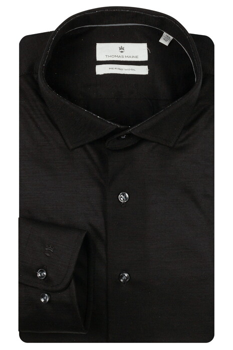 Thomas Maine Roma Modern Kent Uni Color Merino Jersey Overhemd Zwart