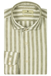 Thomas Maine Roma Modern Kent Wide Stripes Linnen Overhemd Olive