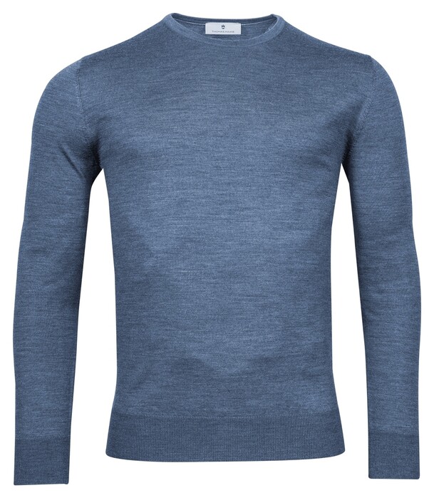 Thomas Maine Ronde Hals Single Knit Merino Wool Trui Denim Blue