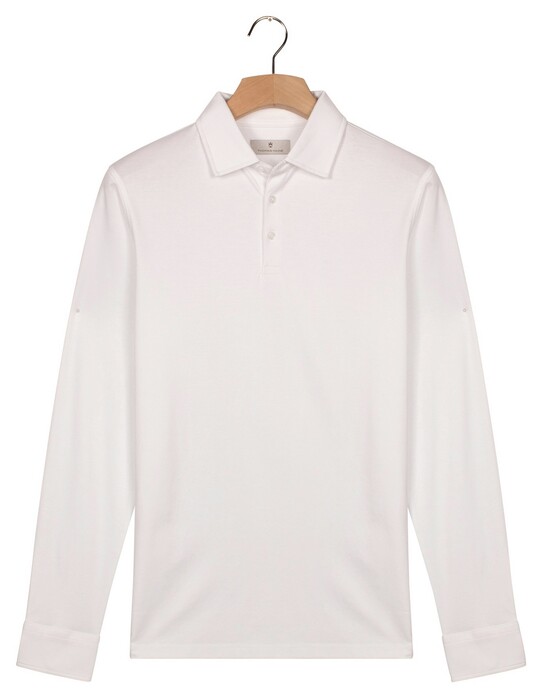 Thomas Maine Soft Solid Color Liquid Cotton Long Sleeve Poloshirt White