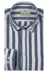 Thomas Maine Torino Button Down Cotton Linnen Stripe Overhemd Navy