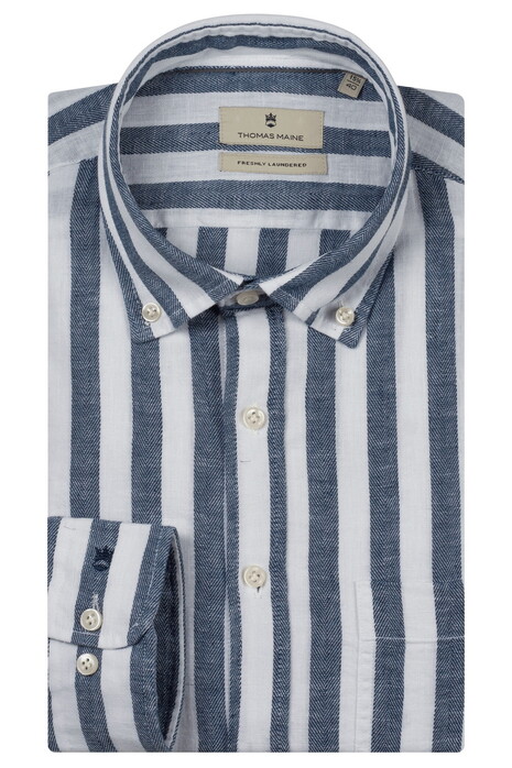 Thomas Maine Torino Button Down Cotton Linnen Stripe Overhemd Navy
