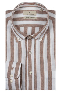 Thomas Maine Torino Button Down Cotton Linnen Stripe Overhemd Tabac