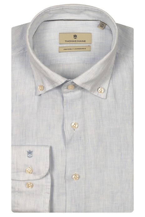 Thomas Maine Torino Button-Down Small Stripe Linnen Overhemd Licht Blauw