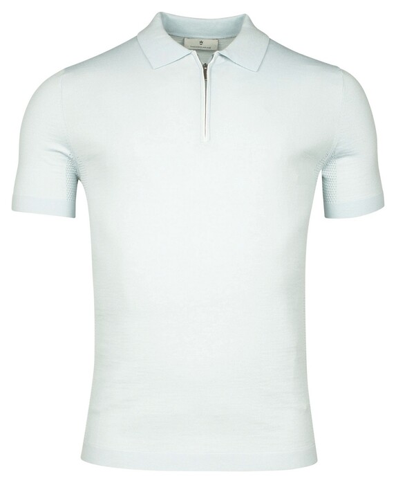 Thomas Maine Uni Color Zip Collar Merino Wool Blend Single Knit And Mesh Knit Polo Ice Blue