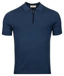 Thomas Maine Uni Color Zip Collar Merino Wool Blend Single Knit And Mesh Knit Polo Indigo