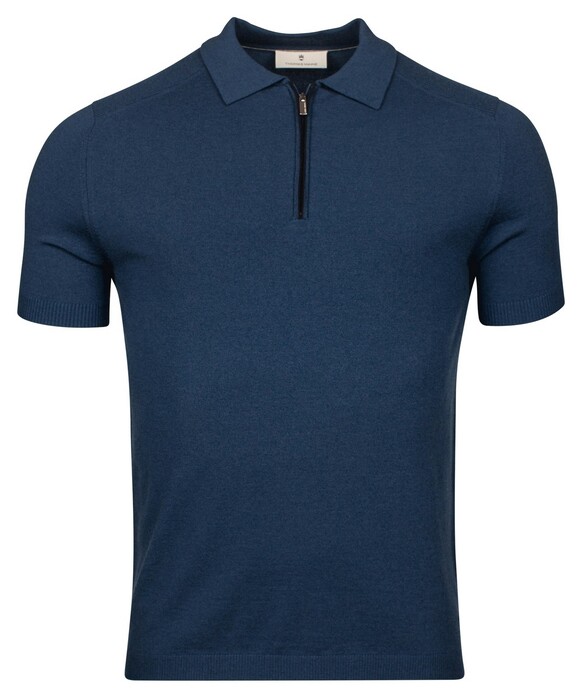 Thomas Maine Uni Color Zip Collar Merino Wool Blend Single Knit And Mesh Knit Polo Indigo