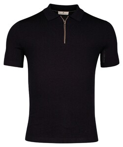 Thomas Maine Uni Color Zip Collar Merino Wool Blend Single Knit And Mesh Knit Polo Navy