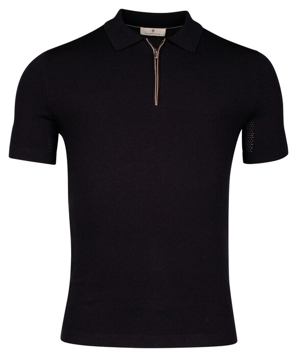 Thomas Maine Uni Color Zip Collar Merino Wool Blend Single Knit And Mesh Knit Polo Navy