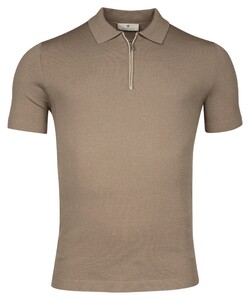 Thomas Maine Uni Color Zip Collar Merino Wool Blend Single Knit And Mesh Knit Polo Taupe