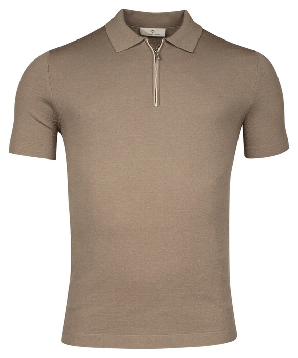 Thomas Maine Uni Color Zip Collar Merino Wool Blend Single Knit And Mesh Knit Polo Taupe