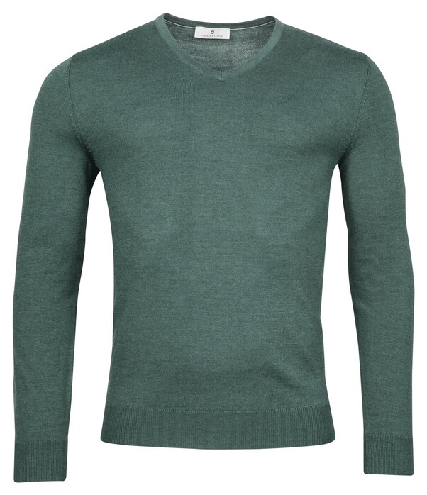 Thomas Maine V-Neck Single Knit Merino Wool Pullover Pine Green