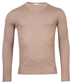 Thomas Maine V-Neck Single Knit Merino Wool Trui Donker Zand Melange
