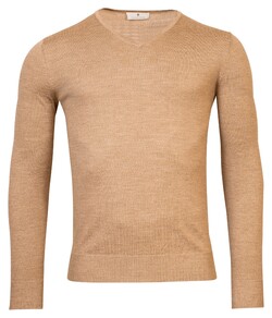 Thomas Maine V-Neck Single Knit Merino Wool Trui Licht Camel