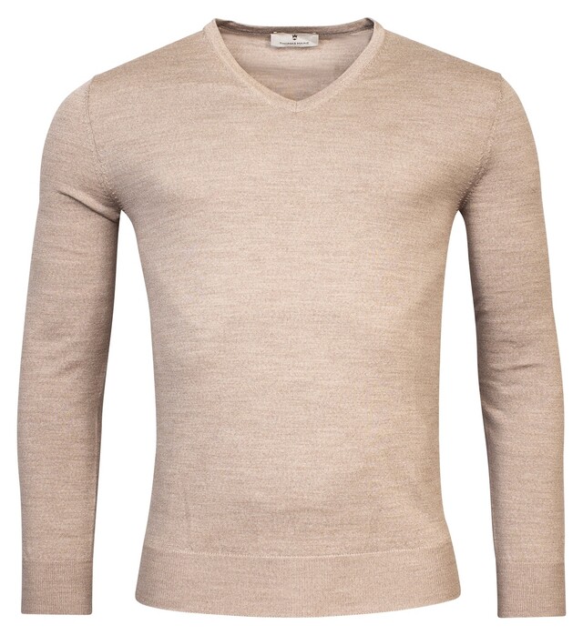 Thomas Maine V-Neck Single Knit Merinowol Trui Licht Beige