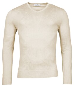 Thomas Maine V-Neck Single Knit Merinowol Trui Natural