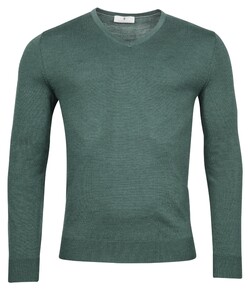 Thomas Maine V-Neck Single Knit Merinowol Trui Pine Green