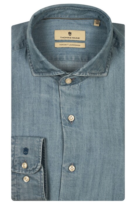 Thomas Maine Washed Denim Tencel Mélange Roma Modern Kent Overhemd Jeans Blauw